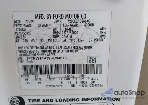 2009 Ford F-150 King Ranch z USA, uszkodzony, nr VIN 1FTPW14V39KC94679